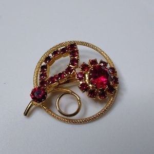 Vintage Red Flower Glass And Metal Brooch